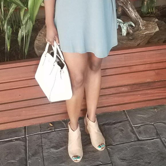 Tan Vegan Suede Peep Toe Block Heel Booties - Picture 3 of 4